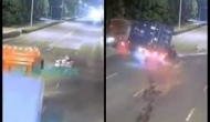 Man makes narrow escape after almost colliding with speeding truck; watch chilling video